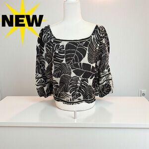 NEW with tags Cynthia Rowley linen top tropical palm black white design crochet